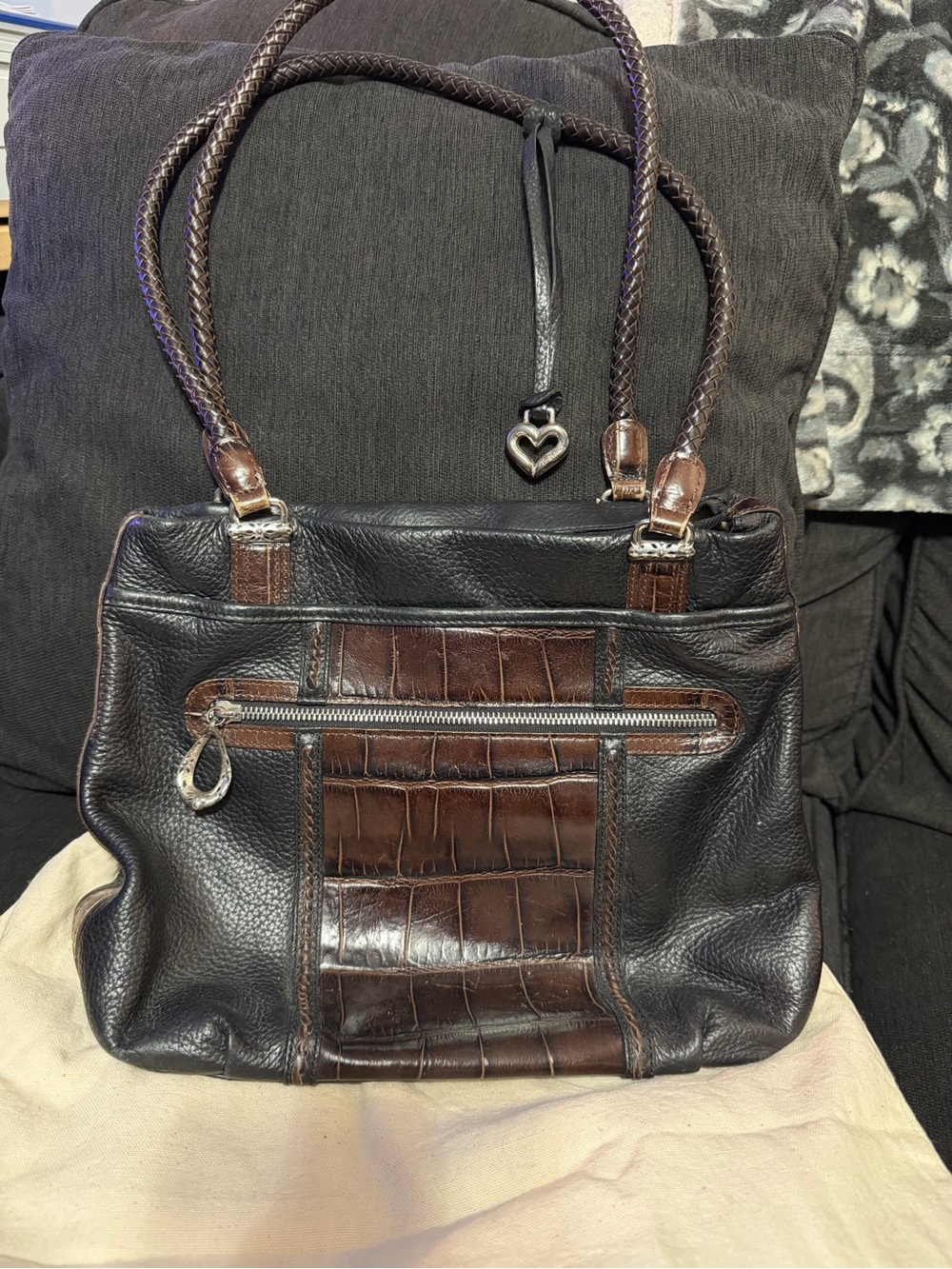 Brighton Black Leather Shoulder Bag with Brown Croc-Accent